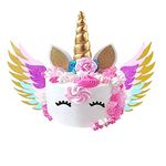 Unicorn Cake Topper with Wings - Unicorn Cake Topper Set with Shiny Gold Horn, Ears, Eyelashes, and Sparkly Colorful Wings - Perfect for Any Birthday Party, Baby Shower, Wedding