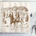 Ambesonne Western Shower Curtain, Country Theme Hand Drawn Illustration of American Wild West Desert with Cowboys, Cloth Fabric Bathroom Decor Set with Hooks, 69" W x 70" L, Umber Cream