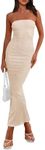 PRETTYGARDEN Women Long Bodycon Dress Summer Off Shoulder Strapless Bandeau Tube Maxi Dresses (Beige,X-Small)