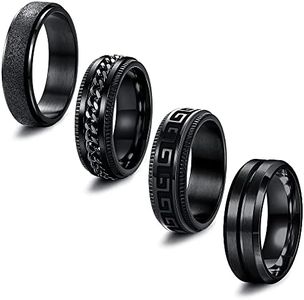 FIBO STEEL 4Pcs Black Spinner Rings for Men Women Fidget Rings Cool Chain Inlaid Stainless Steel Stress Relieving 8mm Wide Wedding Promise Band Rings Set Size 6-13, Stainless Steel, Cubic Zirconia