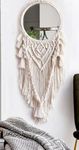 GUL DECOR | Handmade Cotton Macrame Wall Hanging Mirror with Boho Fringes, Bohemian Art Decorative Aina for Make-Up, Dressing, Living Room, Bedroom, Off-White, Dia 18 Inches, Style 06