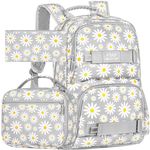 3PCS Bookbag for Girls, Water Resistant Bookbag With Lunch Box, 17 Inch School bag Set for College Teenagers Senior Junior Elementary - Grey Chrysanthemum