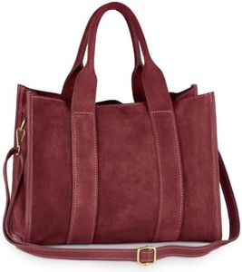 TAKEASY Italian Genuine Suede Tote Bag for Women with Adjustable Strap & Leather Trim | Structured Medium Shoulder Purse (Burgundy)