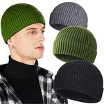 3 Pack Wool Fisherman Beanies for Men, Short Knit Watch Cap Cuffed Trawler Hats, B-black, Gray, Dark Green, One Size