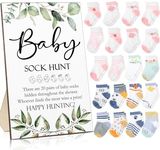 21 Pcs Baby Shower Games Include Baby Sock Hunt Sign and 20 Pair Small Cotton Baby Socks Wooden Greenery Table Sign with Holder Baby Shower Game Prize for Boy and Girl Gender Reveal Party Favors