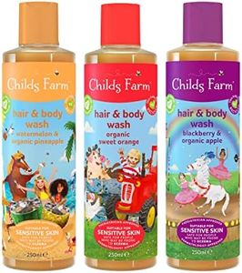 Childs Farm, Lot de 3 gels douche pour cheveux et corps pour enfants, pastèque et ananas, orange douce, mûre et pomme biologique, convient aux peaux sèches, démangeaisons et sujettes à l'eczéma