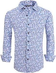 Alex Vando Mens Button Down Shirts Wrinkle Free 4-Way Stretch Print Business Casual Shirt, White Leaf, XX-Large