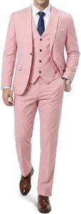 YND Men's Slim Fit 3 Piece Suit, One Button Jacket Vest Pants Set with Tie, Solid Party Wedding Dress Blazer, Tux Waistcoat and Trousers Light Pink