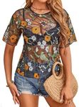 MakeMeChic Women's Summer Short Sleeve Tops See Through Mesh Sheer Sexy T Shirt Blouse Black All Over Print Small