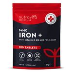 Iron Tablets High Strength 14mg – 180 Vegan Iron Tablets, 6 Month Supply - High Absorption Iron Supplements for Women & Men - with Vit C, B12, Folic Acid - Reduction of Tiredness & Fatigue - Nutravita