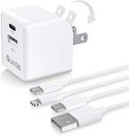 iPhone iPad Charger Mfi Certified, Quntis 2-Pack 6ft USB A to C and C to Lightning Cable with Dual Port Wall Charger, Foldable USB C Fast Charger Block with Cable for iPhone 16 15 14 13, iPad, White