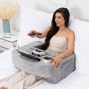 TabCouchCaddy Reading Pillow for Gaming – Lap Desk & Arm Rest with Cup & Phone Holder, Adjustable Heights, Laptop Support, Large Pockets – Comfortable for Work, Gaming & Crocheting (Furry Grey)