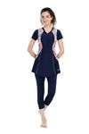 ROVARS Spandex One Piece Three Fourth Swimming Costume for Women I Removable Pads I Half Sleeves I 3/4 Length I Front Zipper (Navy Pink, 3XL)