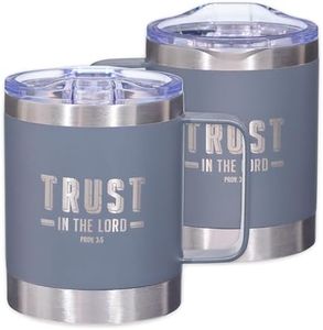 Trust in The Lord Stainless Steel Grey Mug w/Proverbs 3:5 - Camp Style Travel Mug, Christian Mug for Women/Men (11oz Double Wall Vacuum Insulated Coffee Mug with Lid and Handle)