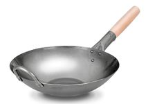 Craft Wok Flat Hand Hammered Carbon Steel Pow Wok with Wooden and Steel Helper Handle (12 Inch, Flat Bottom) / 731W316-12in