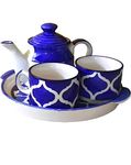 Earthystone Hand Painted Kitchenware Blue Ceramic Tea Kettle Set | Morning Tea Set | 1 Kettle | 1 Tray | Tea Cup 2 Piece (Grey) (Blue)