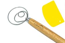 Torwood Danish Dough Whisk Large 13.5 inches Stainless Steel Wooden Dutch Style Hook for Baking, Loaves, Pastries and Pizza, Comes with a Dough Scraper