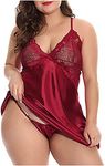 AMhomely Women Elegant Sexy Plue Size Lace Silks Underwear Suspender Skirt Nightdress Underwear Transparent Nightdress with Bow-Knot Back Bodysuit Babydoll Red