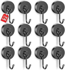 VNDUEEY 12 Pack 110LBS Black Magnetic Hooks Heavy Duty, Strong Swivel Magnetic Hooks for Hanging, Neodymium Magnet Hooks for Fridge Classroom Garage