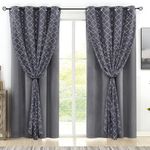 Enactex 4 Piece Curtains Set Mix and Match Curtains Moroccan Metallic Silver Print Sheer & Velvet Room Darkening Blackout Drapes, 52''x 84'' Grommet Window Treatment for Bedroom Living Room, Grey