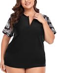 COOTRY Womens Plus Size Rash Guard Short Sleeve Swim Shirt UPF 50+ Sun Protection Zip Swimsuit Tops, Black + Leaves, XX-Large Plus