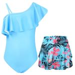 JiAmy Girls Swimming Costume One Piece Swimsuits One Shoulder Ruffle with Skirt UV Sun Protection Bathing Suit Floral Girls Swimwear 5-6 Years Blue