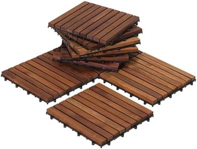 Bare Decor EZ-Floor Interlocking Flooring Tiles in Solid Teak Wood Oiled Finish (Set of 10), Long 9 Slat