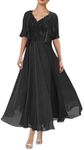 Geforsp 2 Pieces Plus Size Mother of The Bride Dresses Beach Wedding Tea Length Black Formal Party Gown with Jacket Size 26W