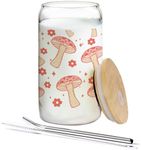 BEHIFL Red Mushroom Aesthetic Glass Cup with Lids and Straws 14oz - Mushroom Gifts for Women Mushroom Lovers Girls, Cute Mushroom Glass Coffee Tumbler Drinking Jars with Cleaning Brush