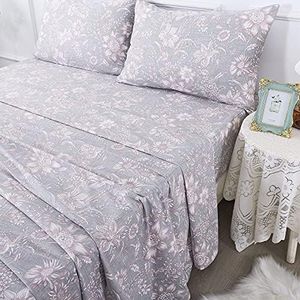 FADFAY California King Size Bed Sets Pink & Grey Girls Bedding Daisy Patterned Sheets Set 100% Cotton Super Soft All-Season Use (4Pcs, 1 Flat Sheet, 1 Fitted Sheet, 2 Pillowcases)