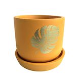 tinyshrub 5 Inch Leafy Print Yellow Barrel Shape Pot for Plants, Indoor Plant Pots with Drainage Holes Terra Cotta Flower Pot Sturdy, Lightweight & Durable for Home, Kitchen, Balcony & Office