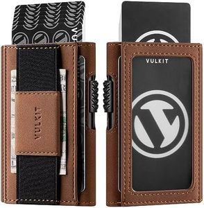 VULKIT Mens Minimalist Wallet for Max. 8 Cards with Pop-Up Credit Card Ejector RFID Blocking, ID Window and Elastic Strap for Bills or Keyring, Gift Box Packed, Brown
