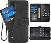 ELISORLI Compatible with BlackBerry KEY2 Wallet Case Wrist Strap Lanyard Leather Flip Card Holder Stand Cell Accessories Folio Purse Credit ID Slot Phone Cover for KEY 2 Two KEYtwo Women Men-Black