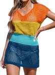 CUPSHE Women's Crochet Cover Up Swimwear Mini Dress V Neck Short Sleeve Summer Beachwear Rainbow Colorblock,XS