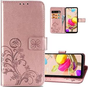COTDINFOR Compatible with OPPO A15 Cover Flip Case Lucky Clover Embossed Magnetic Strap with Card Slots Shockproof Protective Phone Case for OPPO A15 Shell Clover Rose Gold SD