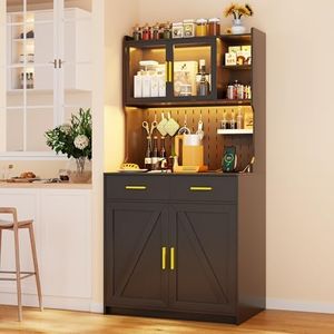 MDGC LED Kitchen Pantry Cabinet with Outlets, Farmhouse Storage Cabinet with Drawers & Adjustable Shelves, 64" Tall Cupboard with Pegboard & Hooks for Dining Room (Black)
