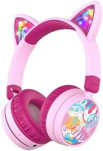 iClever Kids Bluetooth Headphones, Light Up Cat Ear, Safe Volume 74/85dBA,60H Playtime,Bluetooth 5.3,USB C Charging,Wireless Kids Headphones AUX Cord for iPad Tablets School Travel, Meow Cookies-Pink