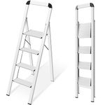 KINGRACK Step Ladder, 4 Steps, Folding Step Ladder with Handrail, Non-Slip Household Ladder with Folding Safety, Aluminium Step Stool, Maximum Load 150 kg, Silver