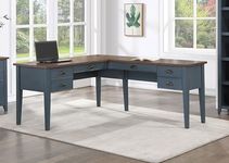 Martin Furniture Farmhouse Wood Half-Pedestal Writing, Open L-Shaped Table, Office Return, Blue Desk