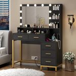 Loomie Vanity Desk with Lighted Mirror & Power Outlet, Makeup Vanity Table with 5 Drawers, Two Cubby & Shelf, Vanity Dresser with 11 Lights in 3 Lighting Colors for Bathroom, Bedroom,Makeup Room,Black