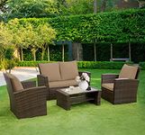 VEGGº GARDENEO BROWN WICKER WEAVER RATTAN GARDEN FURNITURE 4 SEATER SET, SOFA inc FREE RAIN COVER (Brown/Light brow cushions)