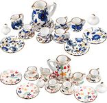 Geiserailie 2 Set 1:12 Dollhouse Miniature Porcelain Tea Cup 30 Pieces Mini Flowers Pattern with Golden Trim Teapot Cup Plate Dollhouse Kitchen Accessories (Charming Style)