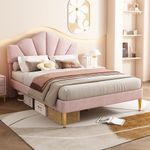 BTM King Size Bed Frame, 5FT(150 * 200cm) Double Bed, Shell-like Upholstered Double Bed with Golden Iron Legs & Height-adjustable Headboard, Wooden Slatted Double Bed Frame, Pink