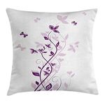 Ambesonne Purple Decor Throw Pillow Cushion Cover, Violet Tree Persian Lilac Blooms with Butterfly Art Ornamental Plant Graphic, Decorative Square Accent Pillow Case, 18 X18 Inches, Purple White