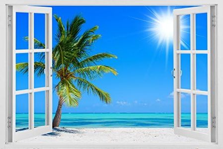 Huge 3D Vinyl Wall Decal Decal, White Window Frame Style High-Quality Home Décor Art Removable Wall Decal, 33.5"x 45" (Sun Tree)