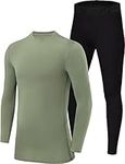 PowerLayer Skins for Boys Kids Base Layer Thermal Long Sleeve Top & Tights Football Compression Set - Army Top + Black Tights, 12-14 Years
