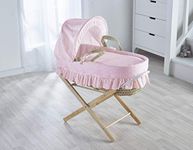 ELEGANT BABY Broderie Anglaise Pink Palm Moses Basket with Natural Folding Stand, Adjustable Hood, Fibre Mattress & Padded Liner