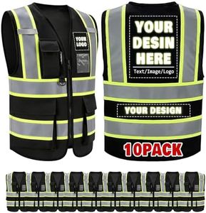 Jykuvtf Custom Safety Vest with Logo, Hi-Vis Reflective Work Vest with Pockets, Personalized High Visibility Vest, Enhanced Visibility for Construction, Road Work and Job Sites, Black 10pack