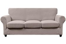 SearchI Stretch Sofa Cover Couch Cover, 4 Pieces Sofa Slipcover with 3 Separate Cushion Cover, Soft Jacquard Fabric, Washable Furniture Protector for Living Room(Sofa, Taupe)