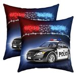 Boys Police Car Cushion Covers 16x16 Set of 2, Policeman Vehicle Throw Pillow Covers For Bedroom Living Room, Red Blue Cop Lights Decorative Pillow Covers, Geometric Graphic Pillow Covers